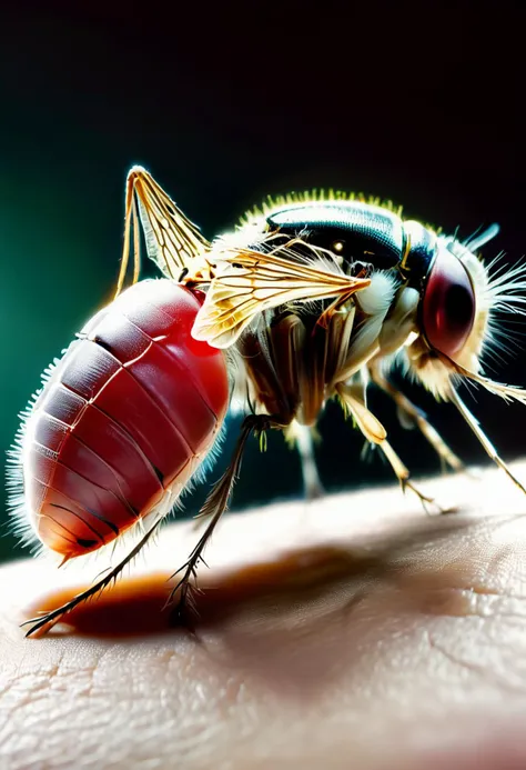 Capture a mesmerizing still life photograph showcasing a magnificently designed steampunk mosquito latched onto the back of a human hand, drawing blood. Utilize extreme close-up techniques paired with macro photography to emphasize the minute yet complex mechanical components comprising the insect's structure, offering viewers a rare glimpse into its inner workings. For added depth and realism, incorporate microscopic imagery illustrating individual cells and capillaries interacting with the minuscule proboscis. Steeped in Jules Verne-inspired aesthetics, this fantastical creature comes alive through exceptional attention to detail, brilliant 8k resolution visuals, crisp clarity, deep contrast, and lush color palettes, resulting in a truly unique masterpiece worthy of admiration.