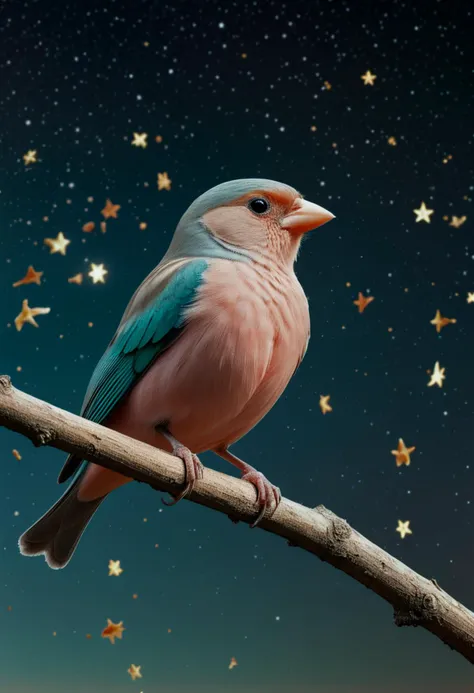 photograph, Ugly Teal, Coral and Beige Finch, Stars in the sky, Dark, Darkcore, Fast Shutter Speed, Canon R5, 35mm, extremely detailed CG Unity 8k wallpaper, 64K, photorealism, photo, dark realism
