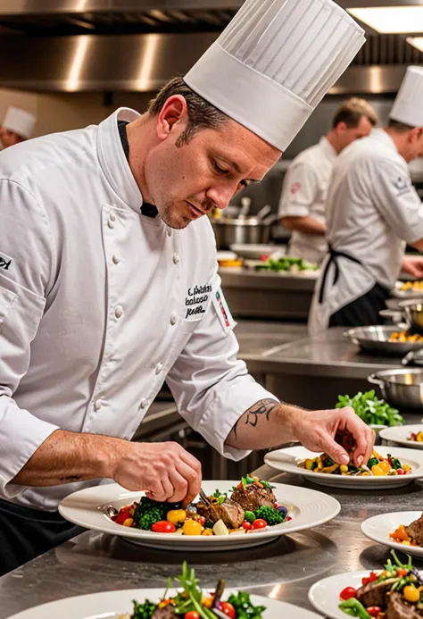 A photo of a chef in a busy kitchen, captured in a moment of concentration as they plate a dish, highlighting the artistry and precision of their work, with the vibrant colors of the food standing out.