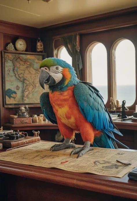 Craft an epic, cinematic scene blending (Human | Parrot) characteristics into one magnificent hybrid Cyborg entity, standing alone in the Captain's Quarters of a grandiose Pirate Ship. Imagine a regal figure with a Natural, Multicolored human Parrot Head seamlessly melded onto a fully functional Human robot Body, complete with taloned feet. Wearing a Pirate Hat. Arrange the layout according to the Rule of Thirds, positioning the main subject slightly offset from center stage while maintaining direct eye contact with the Viewer. Set against the backdrop of a sprawling Pirate Treasure Map strewn carelessly across the room's opulent writing desk, inject splashes of vibrant color throughout the frame to keep the audience enthralled and invested in the narrative. style of Victor Moscoso, style of Todd McFarlane, style of Ruan Jia.