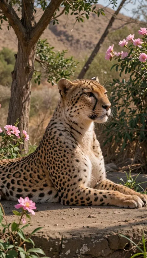 daemonic, cheetah, In a secluded sanctuary, a symphony of fragrances fills the air, as enchanting blooms perfume the surroundings, Reflecting off surfaces