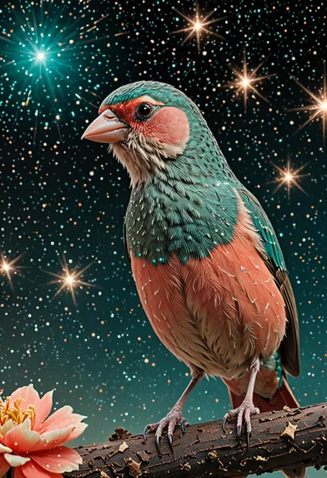 photograph, Ugly Teal, Coral and Beige Finch, Stars in the sky, Dark, Darkcore, Fast Shutter Speed, Canon R5, 35mm, extremely detailed CG Unity 8k wallpaper, 64K, photorealism, photo, dark realism