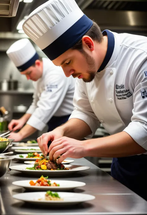 A photo of a chef in a busy kitchen, captured in a moment of concentration as they plate a dish, highlighting the artistry and precision of their work, with the vibrant colors of the food standing out.,