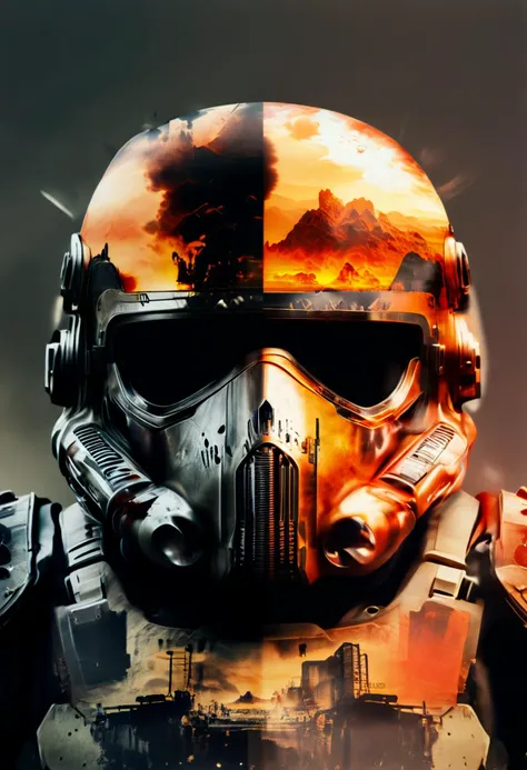 orangeblack, vaultboystyle, double exposure, doubleexposurestyle, power armor helmet, nuclear wasteland scene, atomic bomb, symmetrical,