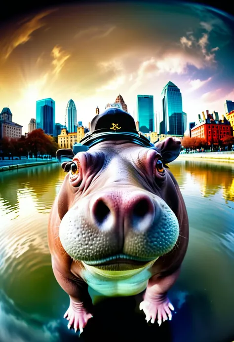 a hippopotamus takes a selfie in time-traveling cityscape with buildings from different eras in a surreal landscape, in the style of fisheye effects, funny mood, strong facial expression, wimmelbilder, tilt shift,