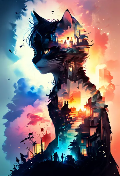 no scars to your beautiful kitten" double exposure collage art illustration, silhouette art, fantasy, hdr, vibrant, surrealism, hyperdetailed, hypermaximalist illustration, art by Anime Key Visual, Japanese Manga, Pixiv, Zerochan, Anime art, Fantia