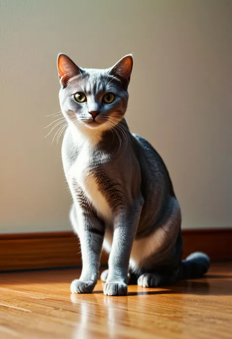 photograph, award winning, full body shot of a Cute (European Shorthair Cat:1.1) with Spandex tail, Sharp and in focus, HDR, Kodak Ektachrome E100, F/2.8, Grayscale, (designed by Brian De Palma:1.3) , cinemascope, dark realism