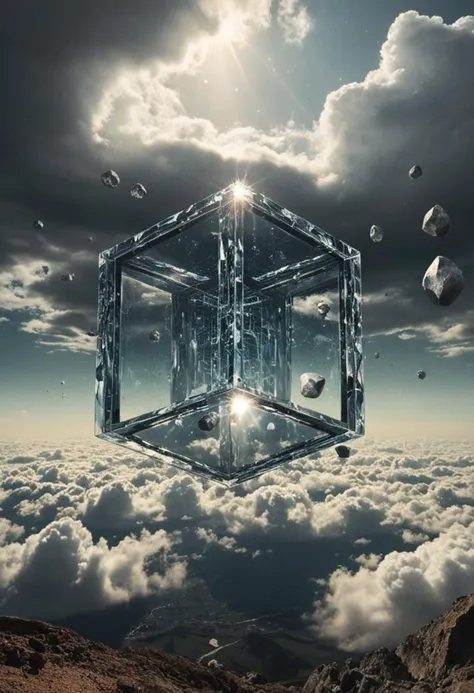 Bosch-style, a translucent cube traps eerie clouds, the starsscape warps, time distorts, surrealism reigns, stars, Glowing, sparkling