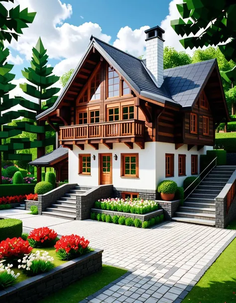 Wide angle voxel-style digital illustration, (Chalet-style wooden house in forest:1.3), Central perspective composition, Dark wood structure, Sloped roof with overlapping planks, (Grid-patterned large windows:1.2), Triangular roof, Gray chimney, (Gray block stairway leading to terrace:1.2), Elevated wooden terrace with railing, Green potted bushes, (Surrounding tall square-trunk trees:1.3), Vivid green leaves, Uniform canopies, (Blocky terrain of earth and grass:1.2), Scattered red and white flowers, Random bushes, Gray stone path encircling house, Blue sky with voxel white clouds, Bright lighting, Warm and colorful ambiance, Pixelated clarity, Vivid and sharp detailing.Masterpiece,best quality,hi res,8k,hi res,8k,award winning,(sharp focus, intricate, highly detailed),