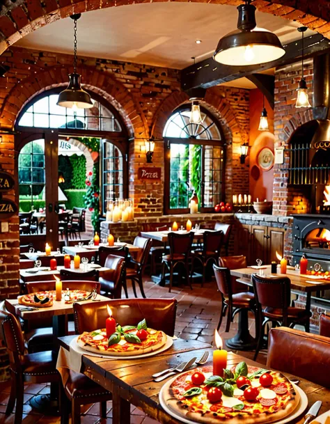 Wide angle watercolor painting, (Traditional Italian pizzeria interior:1.3), Symmetrical composition, Central wood-fired oven, Brick door, Bright light, Dancing flames, (Pizza Marinara cooking:1.2), Pizza with basil on wooden table, wooden table accessories, Wooden pepper mills, Olive oil bottle, Small sauce bowl, Fresh tomatoes, Warm rustic ambiance, Exposed brick walls, Wooden shelves, Bottles and plates, Kitchen utensils, Arched windows, Soft light, Pendant lamps, Warm glow, Wooden tables and chairs, Brown leather banquettes, White plates, Glasses, Lit candles, Convivial atmosphere,Masterpiece,best quality,hi res,8k,hi res,8k,award winning,(sharp focus, intricate, highly detailed),.