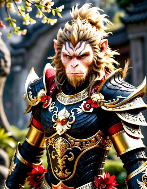 <black-wukong>, the monkey king, rough skin, upper body, walking through a spooky area, a highly detailed CGI rendering of a humanoid character with a monkey-like face, tall and slender, bushy mane of golden-brown hair, dressed in ornate, regal armor, armor features intricate, swirling patterns and floral designs, suggesting a high level of craftsmanship.Masterpiece,best quality,hi res,8k,hi res,8k,award winning,(sharp focus, intricate, highly detailed),