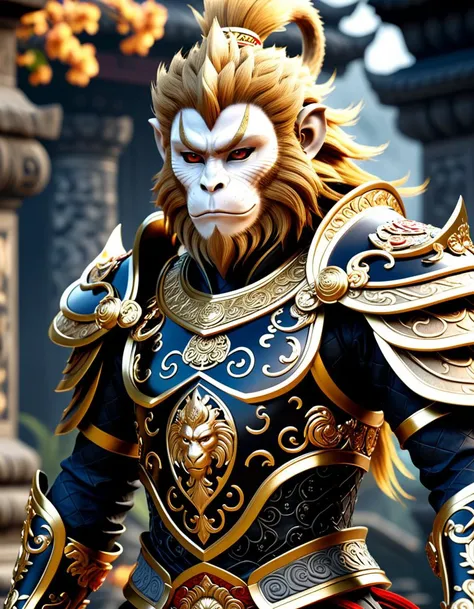 <black-wukong>, the monkey king, rough skin, upper body, walking through a spooky area, a highly detailed CGI rendering of a humanoid character with a monkey-like face, tall and slender, bushy mane of golden-brown hair, dressed in ornate, regal armor, armor features intricate, swirling patterns and floral designs, suggesting a high level of craftsmanship.Masterpiece,best quality,hi res,8k,hi res,8k,award winning,(sharp focus, intricate, highly detailed),