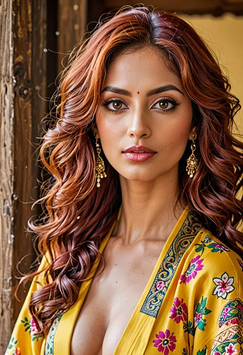 Modelshoot (Candid 1.3) photo of a vivacious 28-year-old pakistani supermodel, fullbody view, Striking eyes, voluminous wavy red hair, coy expression, lipgloss, wearing intricately detailed Yellow Kimono, looking at viewer, (upper body shot:1.5) Natural lighting, shot using a Leica T in the style of (Daniel Jackson:1.3) High detail, intricate, detailed face, detailed eyes, detailed skin, Shallow Depth of Field, Rustic Background,