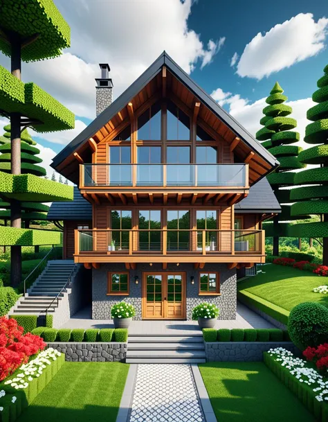Wide angle voxel-style digital illustration, (Chalet-style wooden house in forest:1.3), Central perspective composition, Dark wood structure, Sloped roof with overlapping planks, (Grid-patterned large windows:1.2), Triangular roof, Gray chimney, (Gray block stairway leading to terrace:1.2), Elevated wooden terrace with railing, Green potted bushes, (Surrounding tall square-trunk trees:1.3), Vivid green leaves, Uniform canopies, (Blocky terrain of earth and grass:1.2), Scattered red and white flowers, Random bushes, Gray stone path encircling house, Blue sky with voxel white clouds, Bright lighting, Warm and colorful ambiance, Pixelated clarity, Vivid and sharp detailing.Masterpiece,best quality,hi res,8k,hi res,8k,award winning,(sharp focus, intricate, highly detailed),