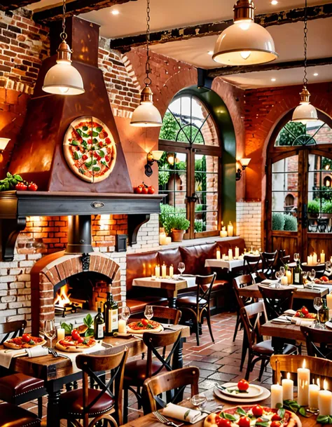 Wide angle watercolor painting, (Traditional Italian pizzeria interior:1.3), Symmetrical composition, Central wood-fired oven, Brick door, Bright light, Dancing flames, (Pizza Marinara cooking:1.2), Pizza with basil on wooden table, wooden table accessories, Wooden pepper mills, Olive oil bottle, Small sauce bowl, Fresh tomatoes, Warm rustic ambiance, Exposed brick walls, Wooden shelves, Bottles and plates, Kitchen utensils, Arched windows, Soft light, Pendant lamps, Warm glow, Wooden tables and chairs, Brown leather banquettes, White plates, Glasses, Lit candles, Convivial atmosphere,Masterpiece,best quality,hi res,8k,hi res,8k,award winning,(sharp focus, intricate, highly detailed),.