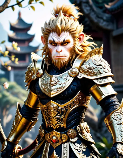 <black-wukong>, the monkey king, rough skin, upper body, walking through a spooky area, a highly detailed CGI rendering of a humanoid character with a monkey-like face, tall and slender, bushy mane of golden-brown hair, dressed in ornate, regal armor, armor features intricate, swirling patterns and floral designs, suggesting a high level of craftsmanship.Masterpiece,best quality,hi res,8k,hi res,8k,award winning,(sharp focus, intricate, highly detailed),