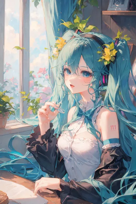 1 girl, (miku), blue hair, windows, <lora:metcha-000001:1>