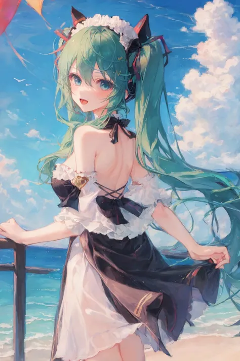 miku hatsune、Your butt is facing us、Maid Cosplay、Looking back、Black lace panties、Ecchi anime style, Top Rated on pixiv, beautiful alluring anime woman
