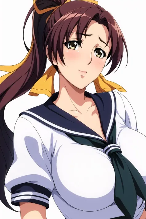 Simple White Background,
school uniform, serafuku,blue sailor collar,sailor collar,Red neckerchief,
<lora:Minami_Shiwa_Oshioki-KK77-V1:0.7>,
brown hair,Bangs,green eyes, High ponytail,Yellow Hair ribbon,
<lora:Oda_Non_Style-KK77-V2:0.3>,<lora:more_details:0.1>,
1 girl, 20yo,Young female,Beautiful Finger,Beautiful long legs,Beautiful body,Beautiful Nose,Beautiful character design, perfect eyes, perfect face,expressive eyes,perfect balance,
looking at viewer,(Focus on her face),closed mouth, (innocent_big_eyes:1.0),Light_Smile,
official art,extremely detailed CG unity 8k wallpaper, perfect lighting,Colorful, Bright_Front_face_Lighting,White skin,
(masterpiece:1.0),(best_quality:1.0), ultra high res,4K,ultra-detailed,
photography, 8K, HDR, highres, absurdres:1.2, Kodak portra 400, film grain, blurry background, bokeh:1.2, lens flare, (vibrant_color:1.2),professional photograph,
(Beautiful,large_Breasts:1.4), (beautiful_face:1.5),(narrow_waist),