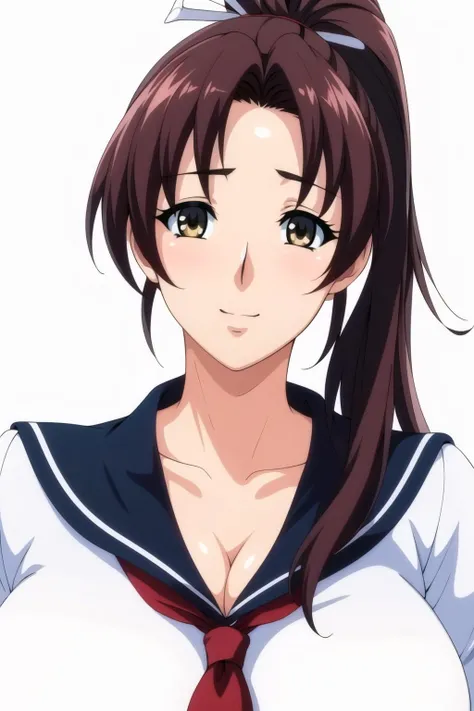 Simple White Background,
school uniform, serafuku,Red necktie,collarbone, black thighhighs, Navy Blue and white shirt ,puffy sleeves,sailor outfit,blue sailor collar, blue skirt,
<lora:Minami_Shiwa_Oshioki-KK77-V2:0.7>,
brown hair,Bangs,green eyes, High ponytail,Yellow_Hair_ribbon,
<lora:Oda_Non_Style-KK77-V2:0.2>,<lora:more_details:0.1>,
1 girl, 20yo,Young female,Beautiful Finger,Beautiful long legs,Beautiful body,Beautiful Nose,Beautiful character design, perfect eyes, perfect face,expressive eyes,perfect balance,
looking at viewer,(Focus on her face),closed mouth, (innocent_big_eyes:1.0),Light_Smile,
official art,extremely detailed CG unity 8k wallpaper, perfect lighting,Colorful, Bright_Front_face_Lighting,White skin,
(masterpiece:1.0),(best_quality:1.0), ultra high res,4K,ultra-detailed,
photography, 8K, HDR, highres, absurdres:1.2, Kodak portra 400, film grain, blurry background, bokeh:1.2, lens flare, (vibrant_color:1.2),professional photograph,
(Beautiful,large_Breasts:1.4), (beautiful_face:1.5),(narrow_waist),