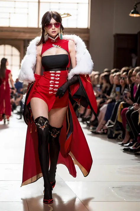masterpiece, best quality, <lora:ts:1>,t-s,full body,<lora:signora:1>,signora \(genshin impact\),huge breasts, blonde hair, solo, gloves, navel,blue eyes, fur trim, bare shoulders, cleavage, mask, eyepatch,