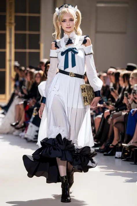 masterpiece, best quality, <lora:ts:1>,t-s,full body, <lora:barbara:1>,1girl,smile,, hat,latin cross,blonde hair, long hair,twintails,twin drills, blue eyes,bow,white dress,frilled skirt,detached sleeves, dress cross,white pantyhose,book,belt,