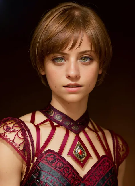 portrait of skswoman, happy , wearing formal wear , with red A-line haircut , background field of wheat epic (photo, studio lighting, hard light, sony a7, 50 mm, matte skin, pores, colors, hyperdetailed, hyperrealistic), <lyco:Michelle JennerV2:1.2>