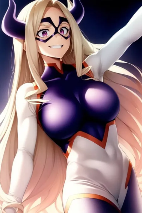 scan, (extremely detailed CG unity 8k wallpaper:1.1), (traditional media:0.9), (sketch:0.9), tracing, ultra-detailed, soft lighting, anime, (1girl), mtladymha, boku no hero academia, <lora:MtLadyMHA-v1-2:1>, long hair, blonde hair, horns, domino mask, bodysuit, large breasts, purple eyes, smile