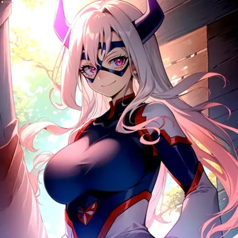 scan, (extremely detailed CG unity 8k wallpaper:1.1), masterpiece, highres, (1girl), sunlight, mtladymha, boku no hero academia, <lora:MtLadyMHA-v1-2:1>, domino mask, large breasts, ambient light, horns, bodysuit closed smile, pink eyes