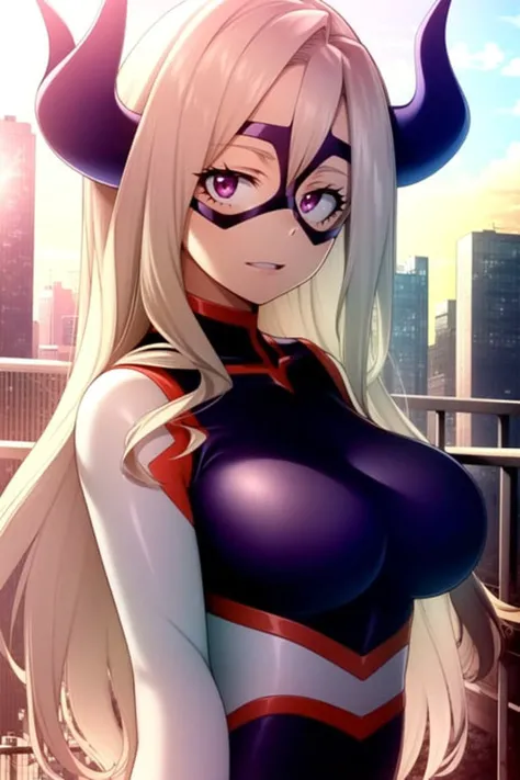 scan, (extremely detailed CG unity 8k wallpaper:1.1), highres, (1girl), mtladymha, boku no hero academia, <lora:MtLadyMHA-v1-2:1>, long hair, blonde hair, horns, domino mask, bodysuit, large breasts, purple eyes, sunlight, ambient light, city, looking at viewer, upper body