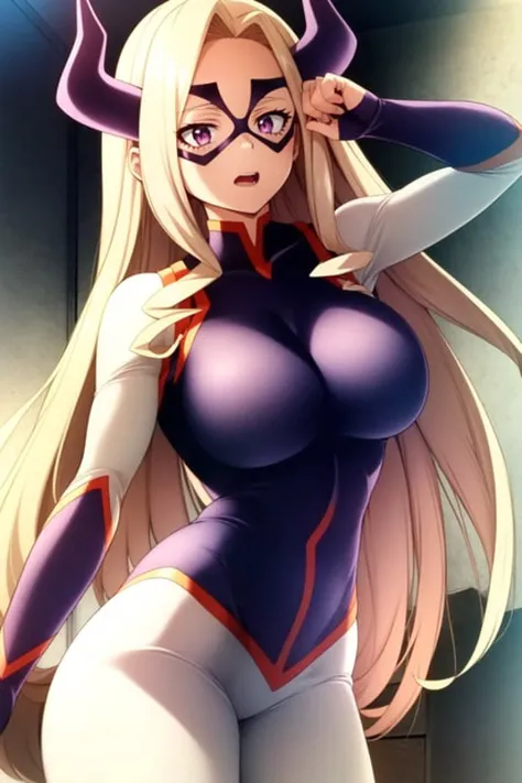 scan, (extremely detailed CG unity 8k wallpaper:1.1), (traditional media:0.9), (sketch:0.9), tracing, ultra-detailed, soft lighting, anime, (1girl), mtladymha, boku no hero academia, <lora:MtLadyMHA-v1-2:1>, long hair, blonde hair, horns, domino mask, bodysuit, large breasts, purple eyes