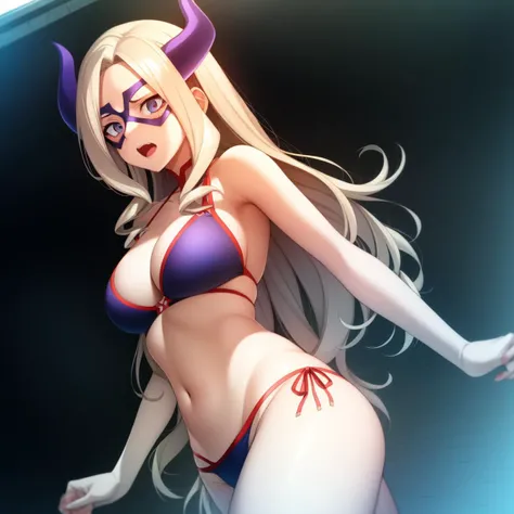 (extremely detailed CG unity 8k wallpaper:1.1), (1girl), mtladymha, boku no hero academia, <lora:MtLadyMHA-v1-2:1>, long hair, blonde hair, horns, domino mask, bikini, breasts