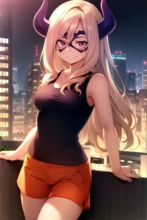 scan, (extremely detailed CG unity 8k wallpaper:1.1), masterpiece, highres, (1girl), dark, city, night, mtladymha, boku no hero academia, <lora:MtLadyMHA-v1-2:1>, domino mask, medium breasts, ambient light, horns, white tank top, orange shorts, closed smile, pink eyes