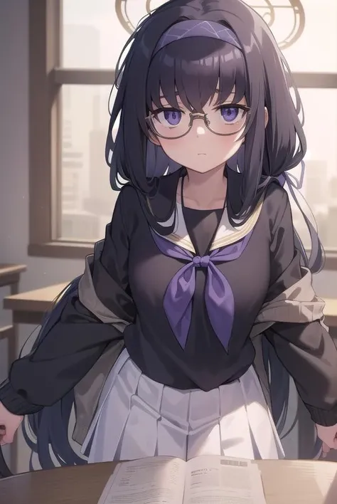 uikozeki, <lyco:uikozeki-lyco-nochekaiser:1>,
ui kozeki, bags under eyes, black hair, (purple eyes:1.5), glasses, halo, long hair, red-framed eyewear,
BREAK black pantyhose, black undershirt, blue hairband, blue neckerchief, brown cardigan, brown sweater, cardigan, hairband, long sleeves, messy hair, neckerchief, pantyhose, sailor collar, school uniform, serafuku, sweater, white sailor collar, white serafuku, skirt, long skirt,
BREAK looking at viewer,
BREAK indoors, classroom,
BREAK <lyco:GoodHands-beta2:1>, (masterpiece:1.2), best quality, high resolution, unity 8k wallpaper, (illustration:0.8), (beautiful detailed eyes:1.6), extremely detailed face, perfect lighting, extremely detailed CG, (perfect hands, perfect anatomy),