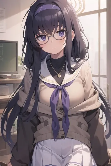 1woman, long hair, black hair, pink eyes, glasses, blunt bangs, Straight hair, loraeyes, loraeyes, anime, 8k, 4k, high Quality,