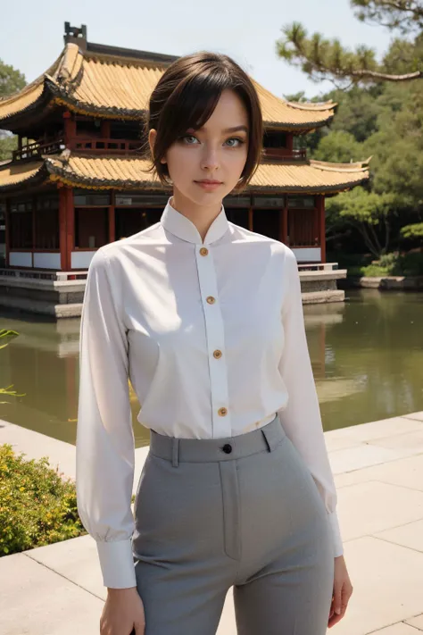 1girl, Wide hips, Skindentation, blush, stands in front of Chinese garden, wearing a flowing yellow military uniform, grey short hair and grey eyes, looking at the viewer, ready to burn, hair ribbon, pale skin, angel,