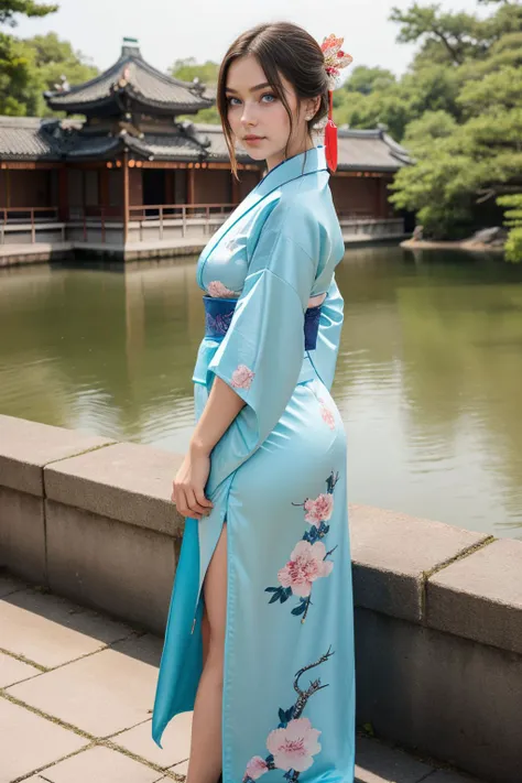 1girl, Wide hips, Skindentation, blush, stands in front of Chinese garden, wearing a flowing blue (Hanfu, kimono:1.2), grey alternate hairstyle and yellow eyes, looking at the viewer, ready to burn, hair ribbon, pale skin, angel,
