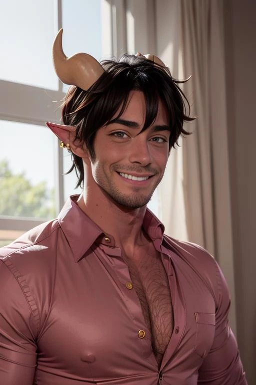 dom_suyo, muscular, unbuttoned shirt, elegant male clothes, beard, hairy chest, looking at you, smile, yellow eyes, demon horns, red skin, coloured skin, ear piercing, daylight, ballroom, <lora:dom_suyo-30:0.6>