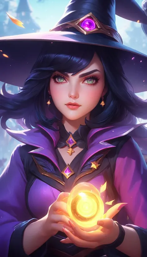 Beautiful witch, extremely detailed piercing eyes, hero view, action pose, cinematic scene, scenery, detailed background, masterpiece, best quality, high quality, highres, absurdres, very detailed, high resolution, sharp, sharp image, 8k, vivid, colorful, League of Legends <lora:league_of_legends_xl_v1:1>