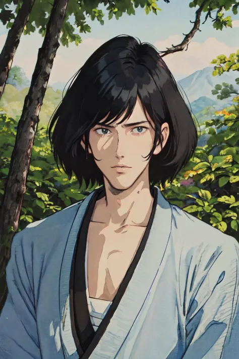 (best quality, masterpiece, RAW photo,ultra-detailed:1.2), 1boy, solo, long hair,  black hair,  looking at viewer, male focus, 
<lyco:Goemon:0.7>goemon,japanese clothes,   <lyco:huiwang-jiacheng-styleV1.0:0.8>nature,