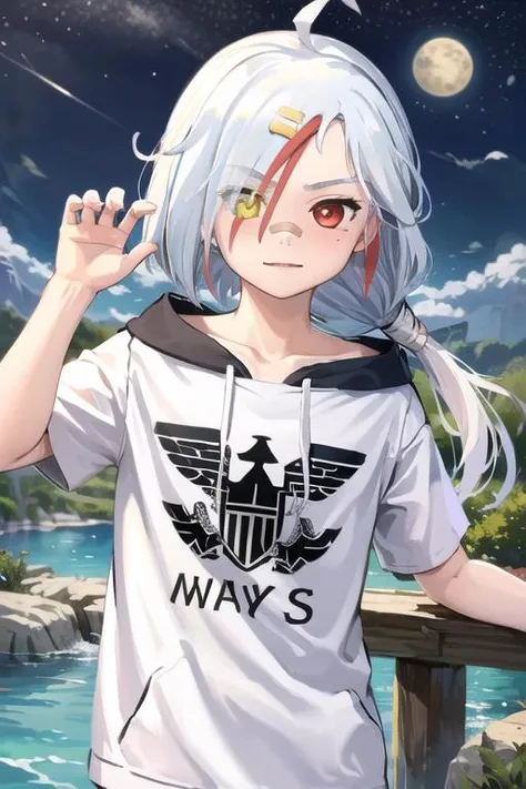 <lora:Downes-MGQ-V1-000004:1>
heterochromia, downes, looking at viewer, rivers, mountains, stars, night, red eyes, mole under eye, mole, long hair, bandaid on nose, bandaid on face, bandaid, azur lane, ahoge, azur, yellow eyes, low ponytail, streaked hair, red hair, white hair,
white hoodie, upper body,
