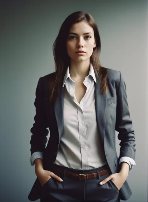 young woman dressed like a business-casual, detailed and epic, analog realistic photography