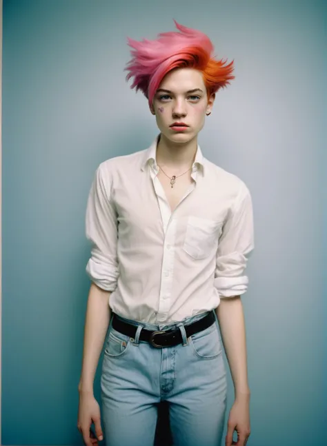 young woman dressed like a gender-fluid, detailed and epic, analog realistic photography