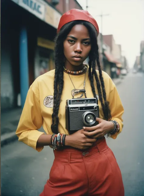 young woman dressed like a manguebeat, detailed and epic, analog realistic photography