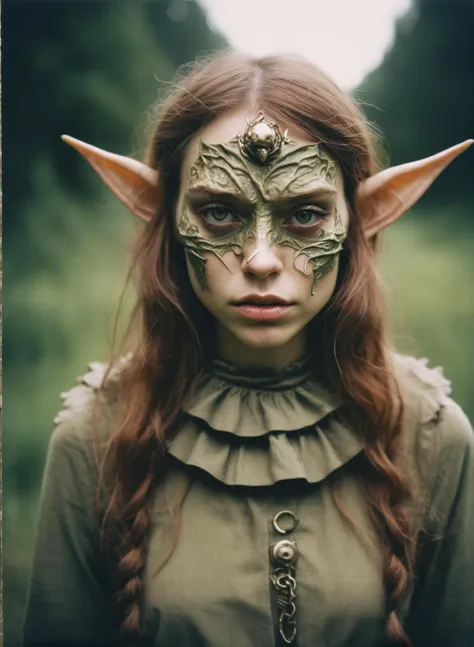 young woman dressed like a goblincore, detailed and epic, analog realistic photography