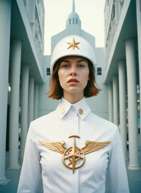 young woman dressed like a scientologist, detailed and epic, analog realistic photography