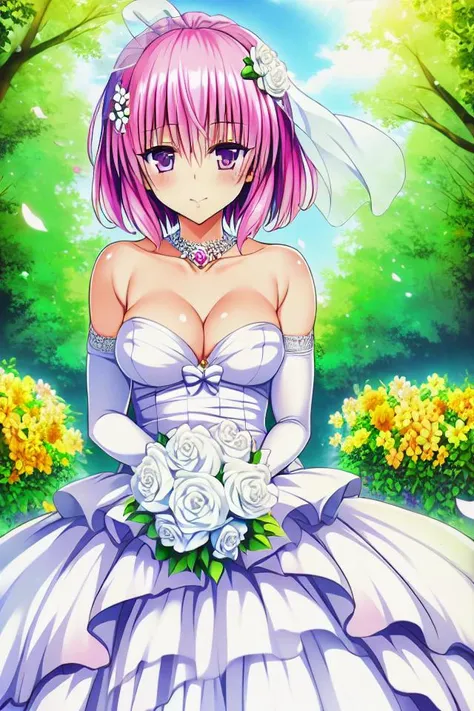 masterpiece, best quality, ultra-detailed, 1girl, solo, momo velia deviluke, pink hair, purple eyes, short hair, wavy hair,  circlet, 
 medium breasts, cleavage, flower, looking at viewer, wedding dress, bridal gauntlets, bridal veil, 
garden, sunlight,