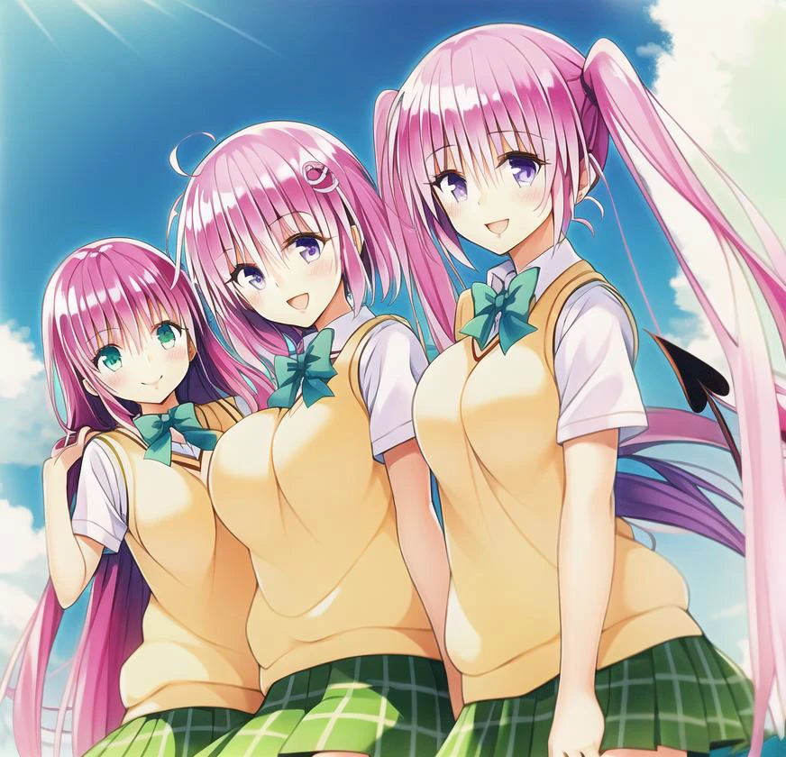 3girls, (A girl is momo_velia_deviluke and short hair and wavy hair and hair_spread_out and purple eyes and pink hair and medium breasts), (B girl is nana_asta_deviluke and twintails and purple eyes and medium hair and pink hair and small breasts), (C girl is lala satalin deviluke and very long hair and green eyes and pink hair and and hair_spread_out and large breasts), demon_tail, tail, sainan_high_school_uniform, pink_hair, school_uniform, sweater_vest, day, sky, cloud, blue_sky, bow, green_bow, green_bowtie, smile, skirt, plaid_skirt, green_neckwear, hair_ornament