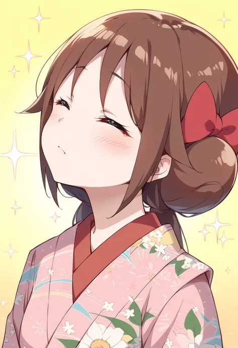 score_9, score_8_up, score_7_up, source_anime BREAK
tachibana yuzuki, 1girl, solo, japanese clothes, brown hair, closed eyes, meiji schoolgirl uniform, blush, incoming kiss, sparkle, short hair, hair flower, pink kimono, floral print, closed mouth, close-up, eyelashes, frown, double bun, upper body, hair bow, bangs, long hair, facing viewer, red bow, eyebrows visible through hair, hair ribbon, print kimono, hair up, sidelocks, anime coloring, portrait, multicolored background, bubble background, gradient background, happy, simple background, yellow background
<lora:tachibana_yuzuki_sdxl_locon_pony_v1:0.7>