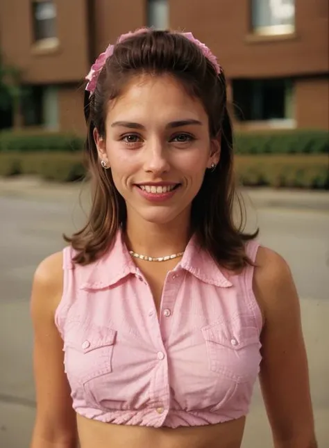 AmyJoJohnson, <lora:AmyJoJohnson-v15-byShurik:1>
In this close-up shot, the camera focuses on a woman wearing a pink outfit with a '90s style. (Best quality: 1.3) Her medium-length hair adds to the nostalgic vibe, reminiscent of the trends from that era. The woman's outfit features vibrant shades of pink, reflecting the playful and vibrant fashion of the '90s. (Detailed: 1.2) The camera captures her confident and upbeat expression, suggesting a carefree and youthful spirit. (Close-up expression: 1.3) The lighting highlights the pink hues, creating a warm and nostalgic ambiance. The overall look exudes a sense of fun and individuality, channeling the unique style of the '90s. (Full body: 1.3)